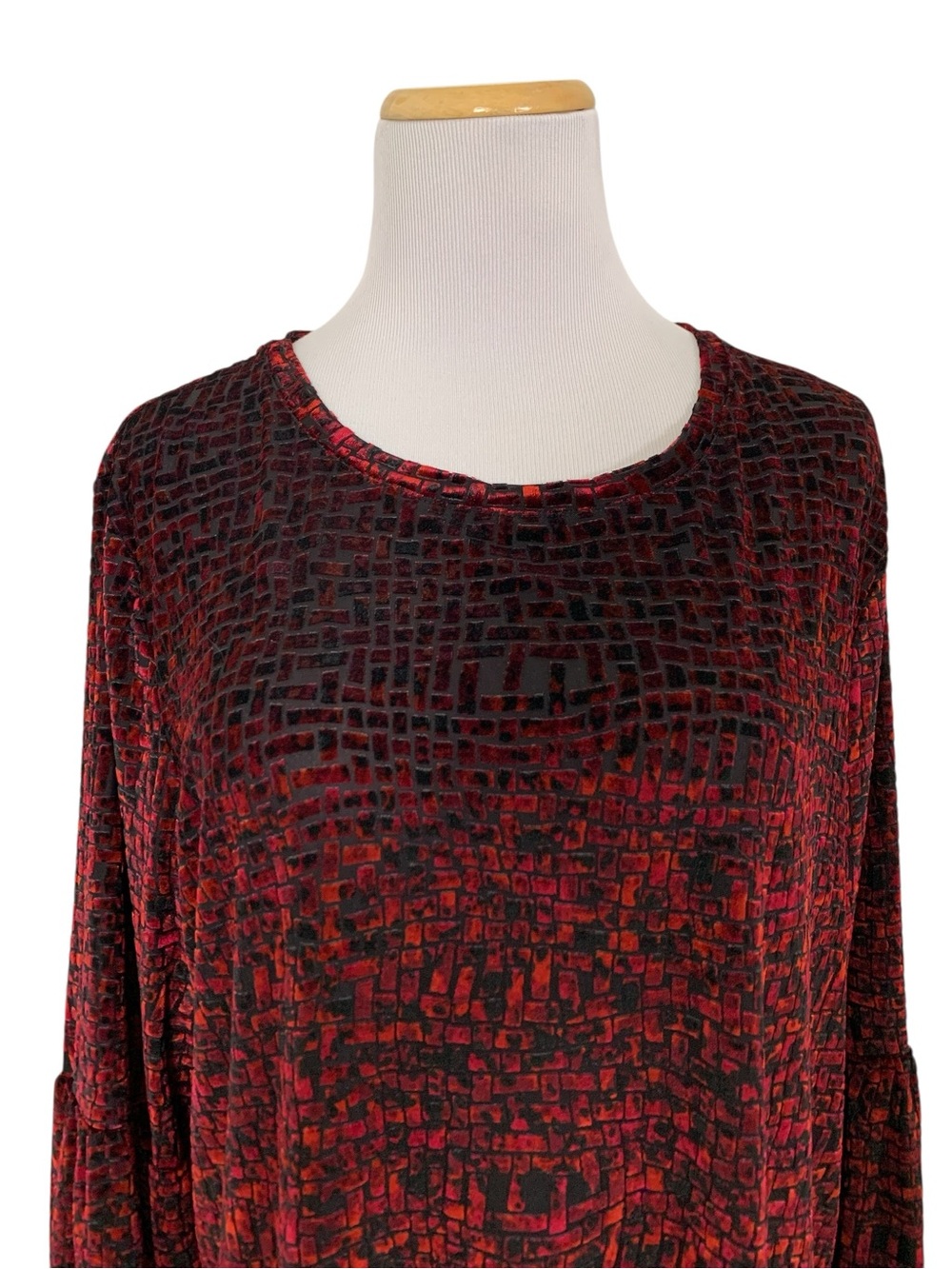 Erin London Mosaic Red Velour Stretch Top Women’s L Long Sleeve Art To Wear